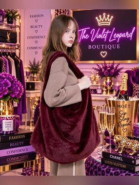 Original USA Plush Faux Fur Tote in Burgundy - Women's Shoulder Bag